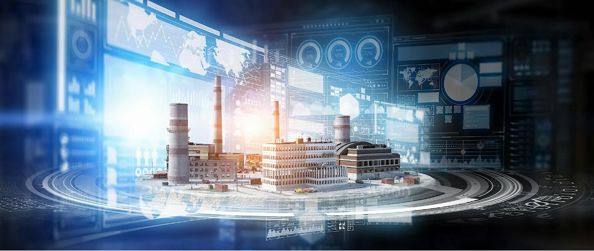 Illustration of a virtual industrial facility with digital information displays